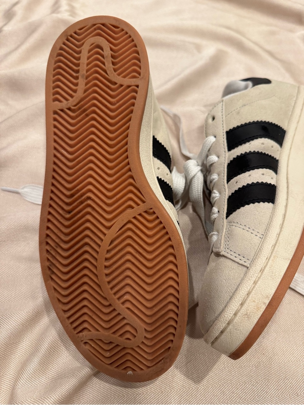Adidas Campus Cream Suede Sneakers with Black Stripes and Gum Sole